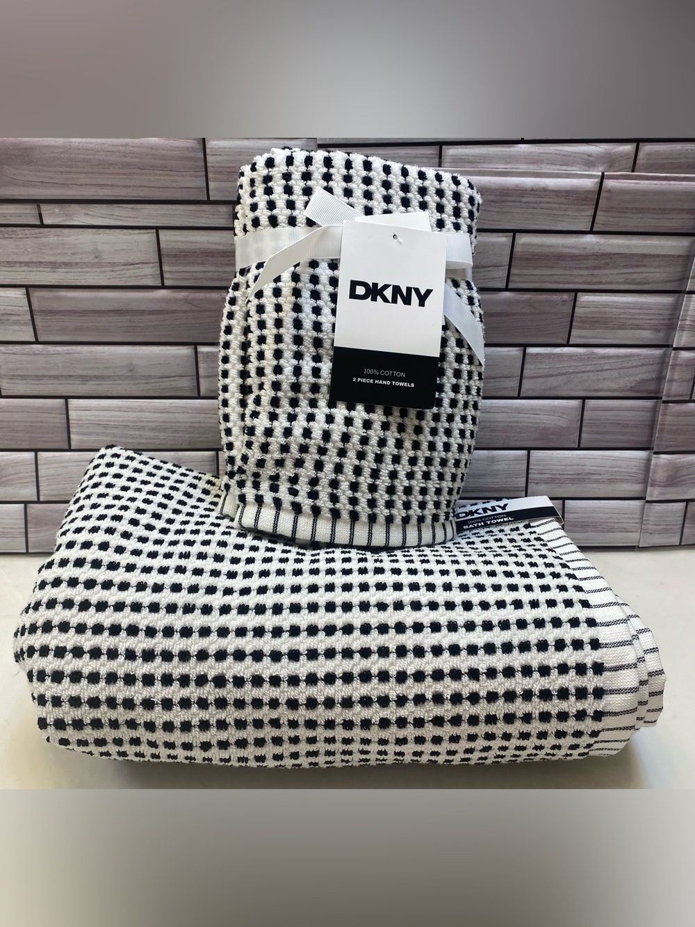 DKNY ❤️Cotton (1) Bath & (2)Hand Towel Set Black White Pattern NWT
